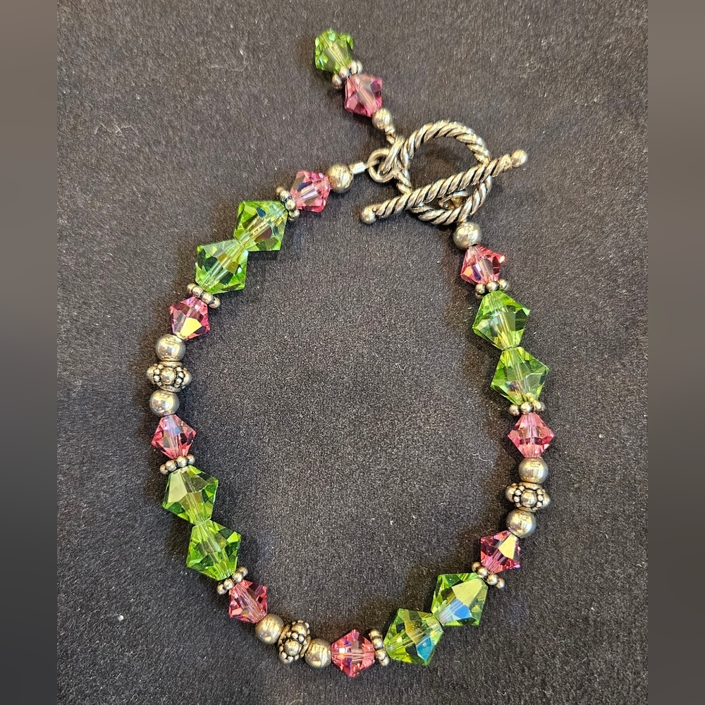 Handmade Beaded Bracelet | Green and Pink Swarovski And Sterling Silver Accents